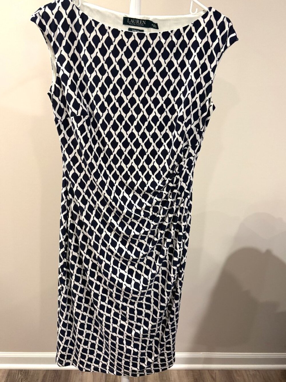 Lauren Ralph Lauren Navy White Geometric Leaf Ruched Sheath Dress Size 6